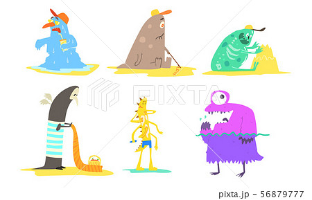 Funny Monsters on Beach Set, Cute Happy Mutants Making Sandcastle, Sunbathing, Having Fun Vector 56879777
