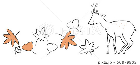 紅葉とシカ 線画のイラスト素材