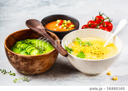 Three different vegetable cream soups in bowls Three different vegetable cream soups in bowls 56880160