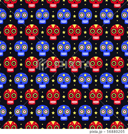 Day of the dead seamless pattern with colorful skulls on dark background. Traditional mexican 56880205