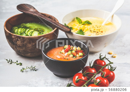Three different vegetable cream soups Three different vegetable cream soups 56880206