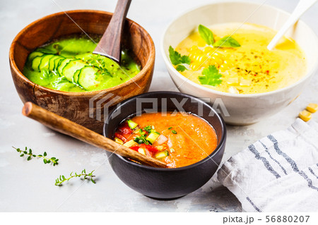 Three different vegetable cream soups Three different vegetable cream soups 56880207