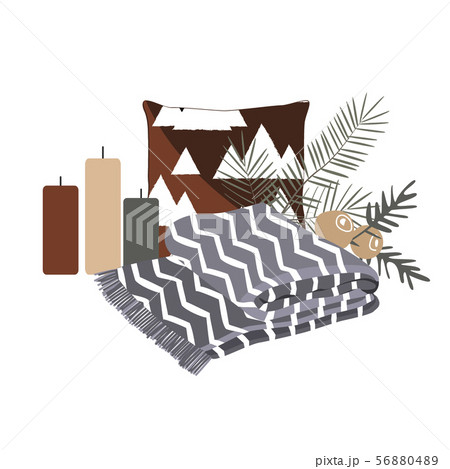 Minimailstic Christmas composition with candles, pillow, blanket, and christmas tree branches. Time 56880489