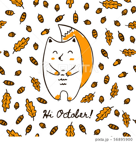 Cute Autumn Hand Draw Squirrel On the Seamless Pattern Of Acorn leaves and Cones. 56895900