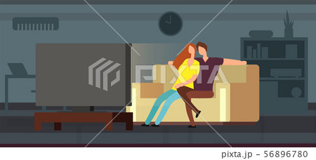 Young couple watching tv on sofa in modern living room vector illustration 56896780
