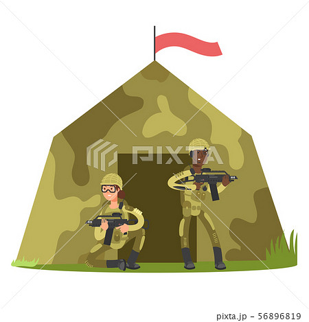 Cartoon character soldier and military tent vector illustration 56896819