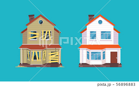 Home renovation. House before and after repair. New and old suburban cottage. Isolated vector Home renovation. House before and after repair. New and old suburban cottage. Isolated vector 56896883