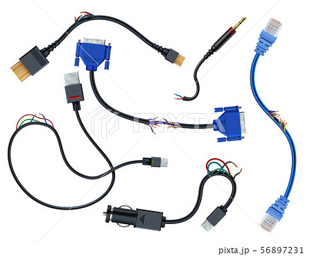 Damaged wires with plugs. Disconnect broken electric cables vector set isolated on white background Damaged wires with plugs. Disconnect broken electric cables vector set isolated on white background 56897231