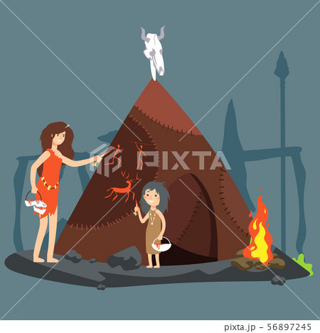 Stone age vector illustration. Cartoon neolithic woman and girl 56897245