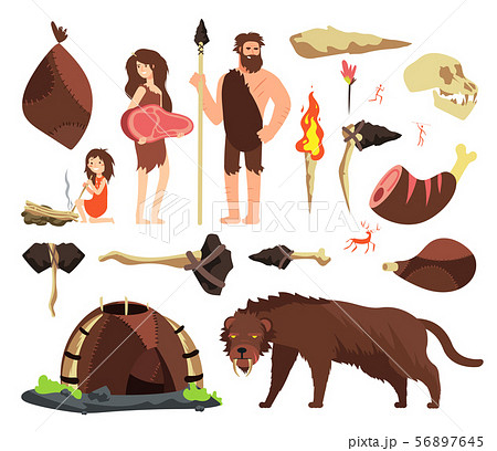 Stone age caveman. Hunting neolithic people, mammoth and prehistoric tools. Vector cartoon ancient 56897645