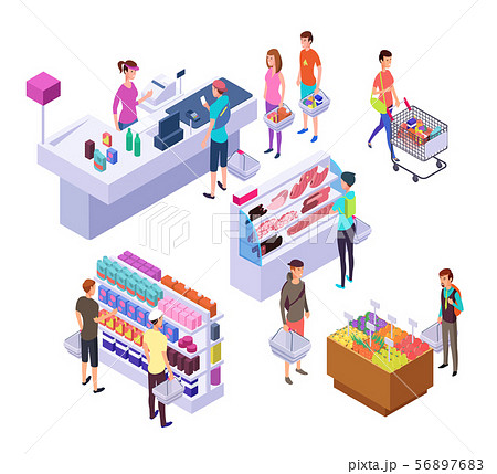Isometric grocery store. 3d supermarket interior with shopping people customers and products. Retail Isometric grocery store. 3d supermarket interior with shopping people customers and products. Retail 56897683