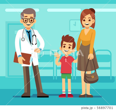 Kind smiling pediatrician doctor and mother with sick child. Pediatric care vector cartoon concept 56897701