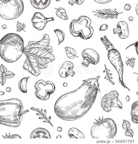 Vegetable hand drawn seamless pattern. Fresh vegetarian food, garden vegetables. Etching drawing 56897797