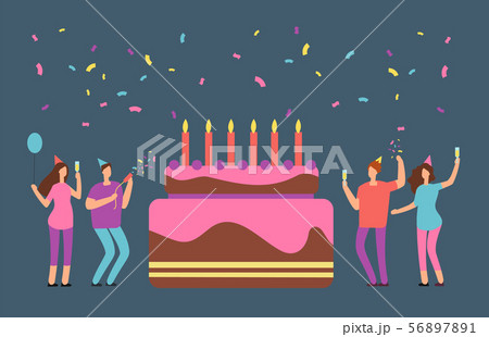 Happy birthday family party with celebrating happy people and big cake. Cartoon corporate birthday Happy birthday family party with celebrating happy people and big cake. Cartoon corporate birthday 56897891