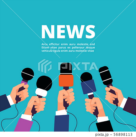 News concept with microphones. Broadcasting, interview and communication vector banner with handa 56898113