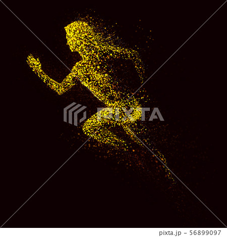 Yellow silhouette of running woman from particle divergent. 56899097