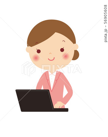 パソコンに向かうスーツ姿の女性 上半身 バストアップ イラストのイラスト素材