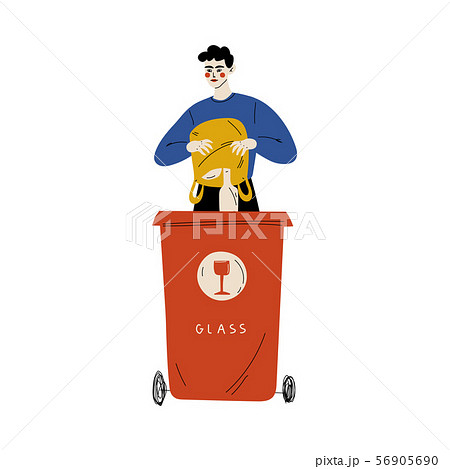 Young Man Throwing Glass Waste into Garbage Container, Guy Sorting Waste for Further Processing Young Man Throwing Glass Waste into Garbage Container, Guy Sorting Waste for Further Processing 56905690
