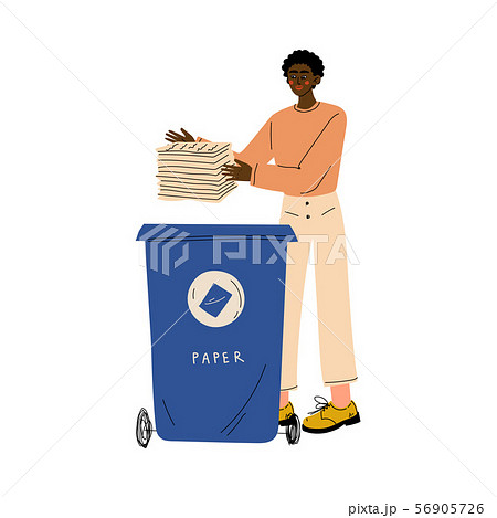 African American Man Throwing Paper Waste into Garbage Container, Guy Sorting Waste for Further African American Man Throwing Paper Waste into Garbage Container, Guy Sorting Waste for Further 56905726