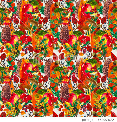 Autumn watercolor hand drawn seamless pattern with leaves mushrooms and pine cones Autumn watercolor hand drawn seamless pattern with leaves mushrooms and pine cones 56907872