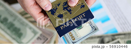 Male arms holding passport banking pack of US 56910446