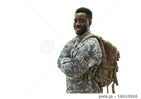Positivity American ranker with backpack with crossed hands. Positivity American ranker with backpack with crossed hands. 56910936