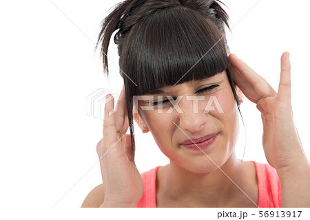 Young beautiful woman having headache migraine, on Young beautiful woman having headache migraine, on 56913917