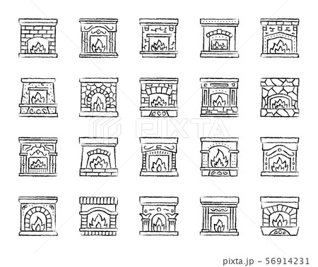 Fireplace charcoal draw line icons vector set Fireplace charcoal draw line icons vector set 56914231