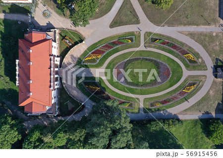 Old manor park and flower beds from drone, aerial Old manor park and flower beds from drone, aerial 56915456