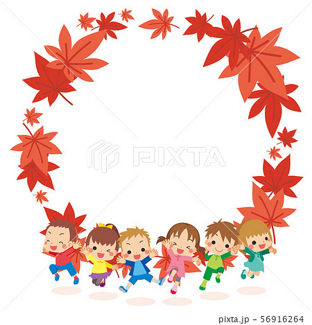 秋服で元気にジャンプする子供たち 紅葉フレーム 丸型 のイラスト素材
