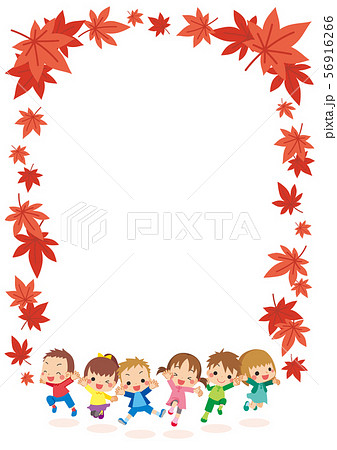 秋服で元気にジャンプする子供たち 紅葉フレーム 縦 のイラスト素材