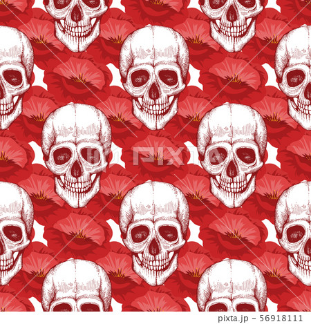 Human skull sketch and red flowers seamless pattern 56918111