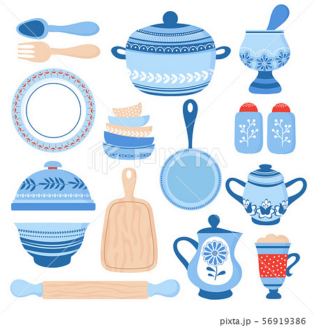 Crockery ceramic cookware. Blue porcelain bowls, dishes and plates. Kitchen tools vector collection 56919386