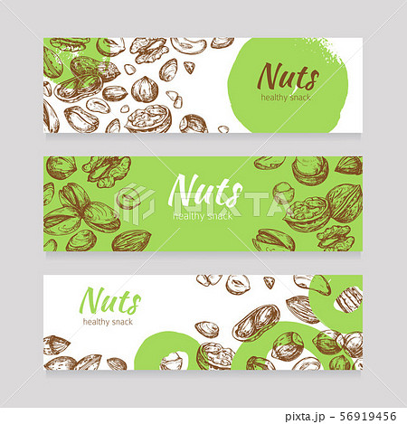 Eating nuts and seeds banners. Healthy food banner set in engraving style 56919456