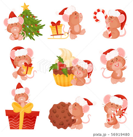 Set of cartoon mice in a Christmas hat. Vector illustration on a white background. 56919480