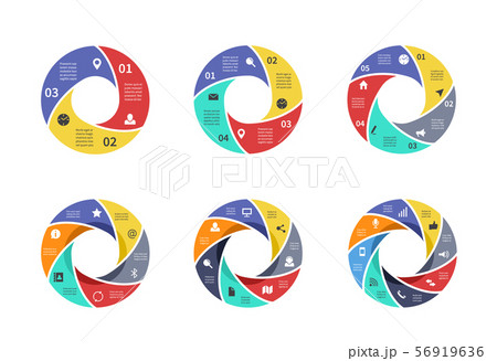 Circle graph, pie strategy diagrams, circular arrows charts with options, parts, steps, process 56919636