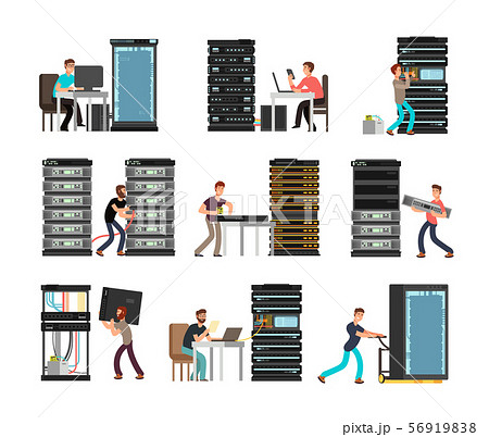 Man engineer, technician working in server room. Digital computer center support, data storage Man engineer, technician working in server room. Digital computer center support, data storage 56919838