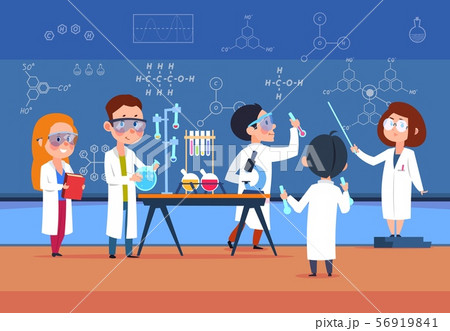 School kids in chemistry lab. Children in science laboratory make test. Cartoon pupils girls and School kids in chemistry lab. Children in science laboratory make test. Cartoon pupils girls and 56919841
