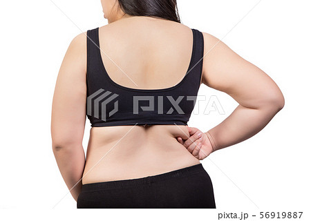 fat woman overweight turn back show obese body - Stock Photo