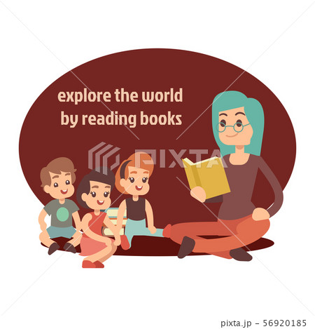 Young teacher and happy kids reading book 56920185