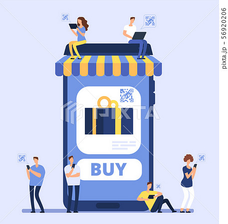 People using smartphone for mobile shopping. Men women buy goods in internet store with cell phone People using smartphone for mobile shopping. Men women buy goods in internet store with cell phone 56920206