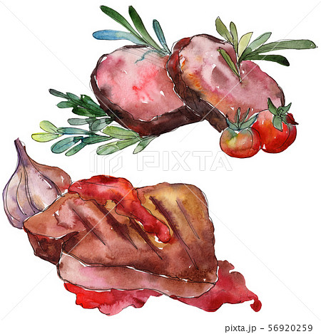 Grilled steak tasty food in a watercolor style set. Aquarelle food illustration for background 56920259