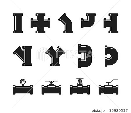Pipe fittings, water tubes icons. Plumbing, construction pipeline, industrial drainage system vector 56920537