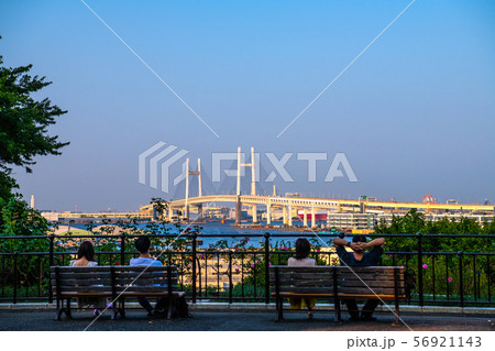 日本の横浜都市景観  港の見える丘公園から横浜ベイブリッジなどを望む 56921143