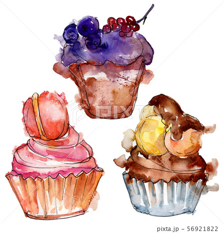Tasty cupcake in a watercolor style. Background illustration set. Watercolour drawing fashion Tasty cupcake in a watercolor style. Background illustration set. Watercolour drawing fashion 56921822