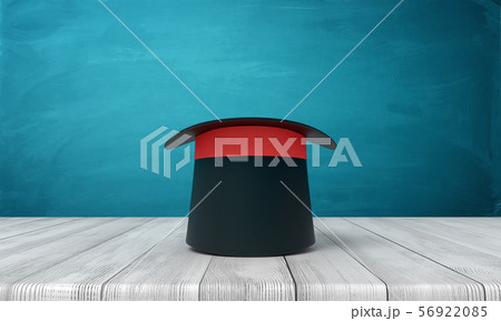 3d rendering of black top hat on white wooden floor and dark turquoise background 56922085