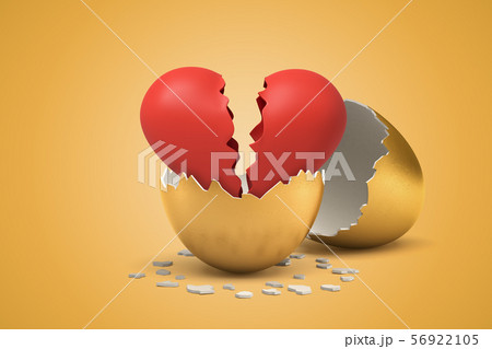 3d rendering of red broken Valentine heart that just hatched out from golden egg. 3d rendering of red broken Valentine heart that just hatched out from golden egg. 56922105