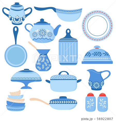 Cartoon cookware. Kitchen crockery and glassware. Dishes, cup and teapot. Cooking tools vector 56922807