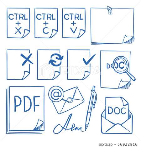 Doodle office paper vector icons with function symbols update, paste, cut, copy, send, delete and 56922816