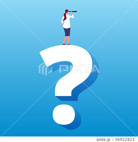 Businesswoman on question mark. Unknown future journey and next decision, strategy choice and 56922823